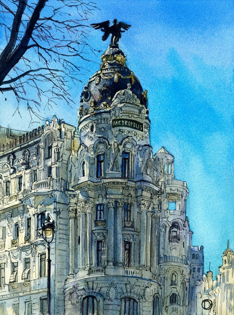 Olena Didenko (Ukraine,20/21C) watercolor painting: ARTIST: Olena Didenko (Ukrainian, 20/21 centuries) TITLE: Cityscape - Metropolis Building in Madrid, Spain MEDIUM: watercolor on heavy paper CONDITION: Very good.