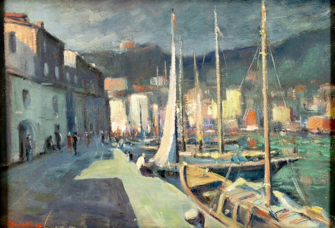 Roncalli (Italy,mid 20C) oil painting: ARTIST: Roncalli (Italian, mid 20 century) TITLE: Harbor Scene YEAR: 1967 MEDIUM: oil on board CONDITION: Minor damage to the lower right corner. Minor s