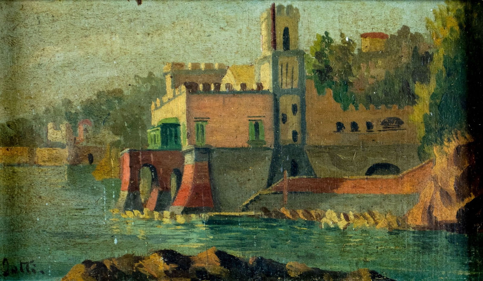 Antique early 20C Italian oil painting signed: ARTIST: - (Italy, early 20 century) TITLE: Castle Cityscape MEDIUM: oil on board CONDITION: Few small scratches/paint losses. No visible inpaint under UV light.