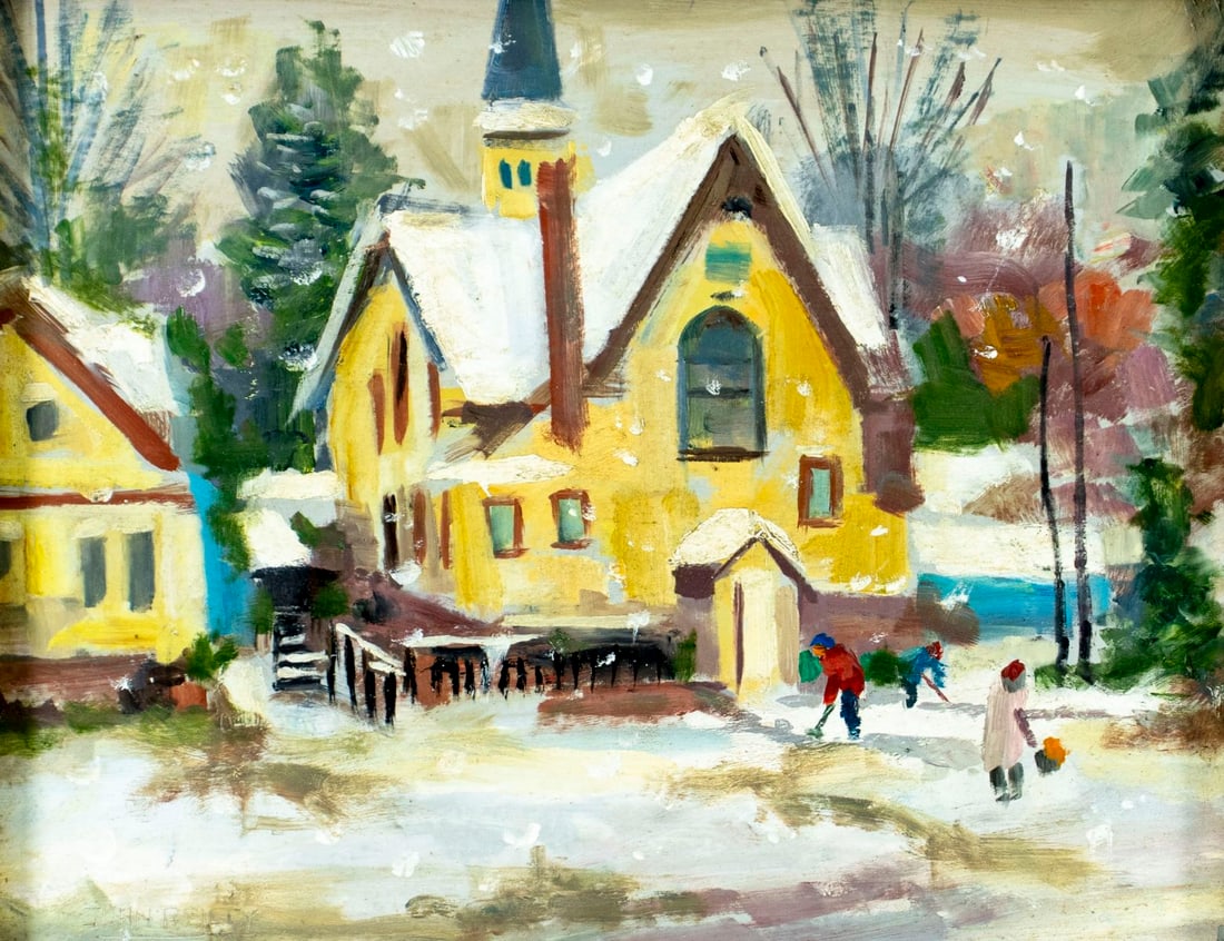 John Reilly (NY,NJ,1942-2021) oil painting: ARTIST: John Reilly (New York, New Jersey, 1942 - 2021) TITLE: Winter Town Scene MEDIUM: oil on board CONDITION: Overall good. No visible inpaint under UV light. Wear to f