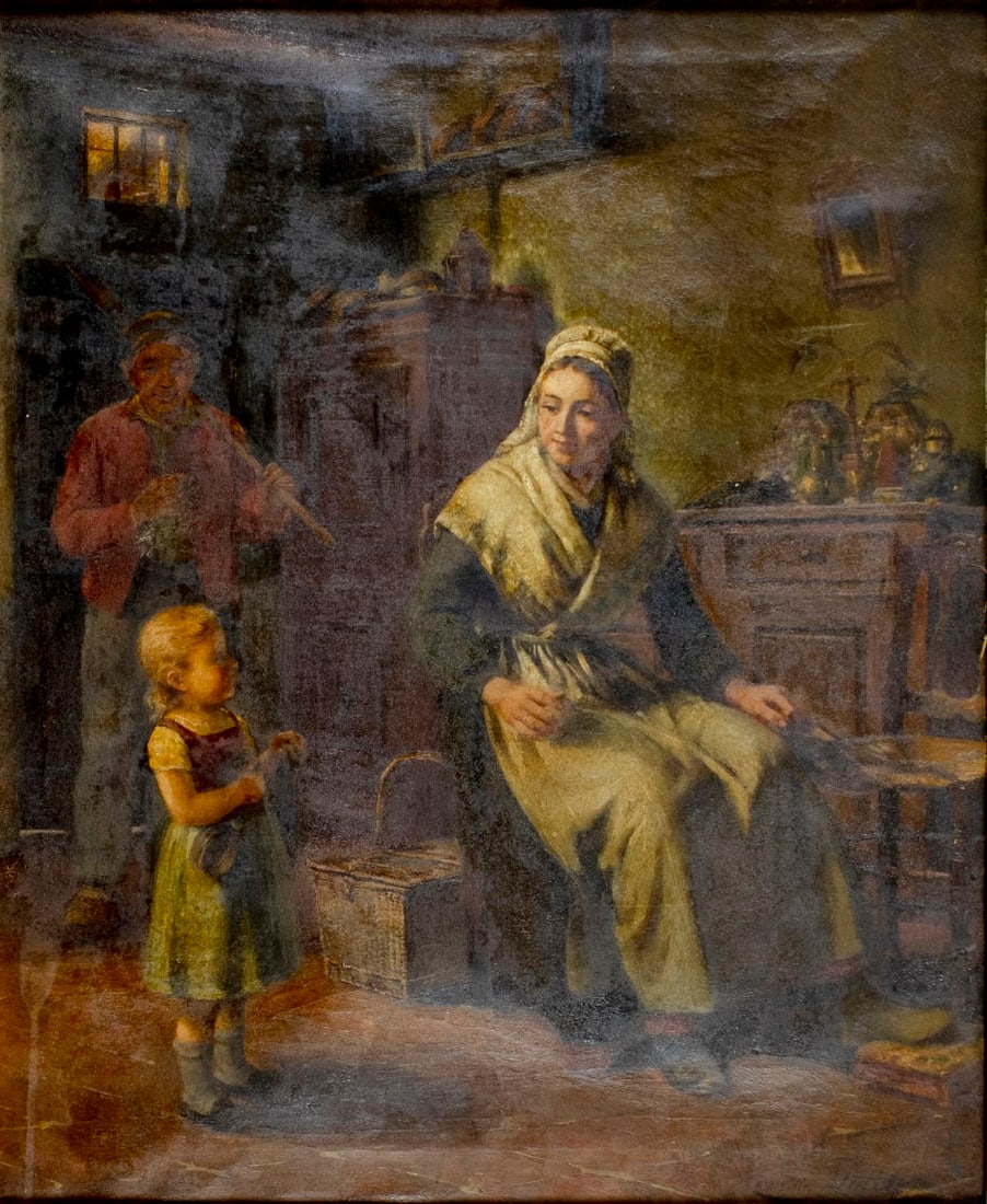 Corneille Petit (Belgium,19C) oil painting antique: ARTIST: Corneille Petit (Belgian, 19 century) TITLE: Family Scene MEDIUM: oil on canvas CONDITION: Missing a few flakes of paint. Some craquelure. Some scattered small inpai