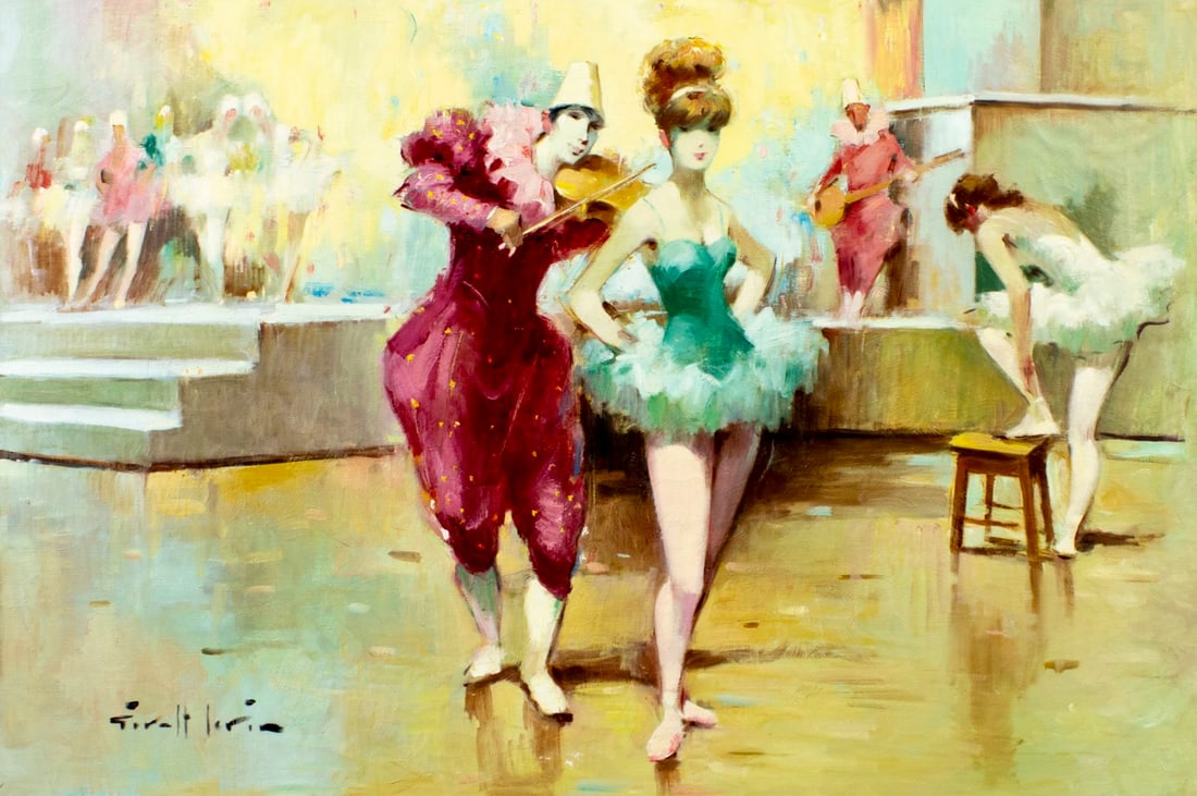 Joan Giralt Lerin (Spain,1907-?) oil painting: ARTIST: Joan Giralt Lerin (Spanish, 1907 - ???) TITLE: Ballerina and Clown MEDIUM: oil on canvas CONDITION: Unstretched (In-House stretching available). Minor paint losses