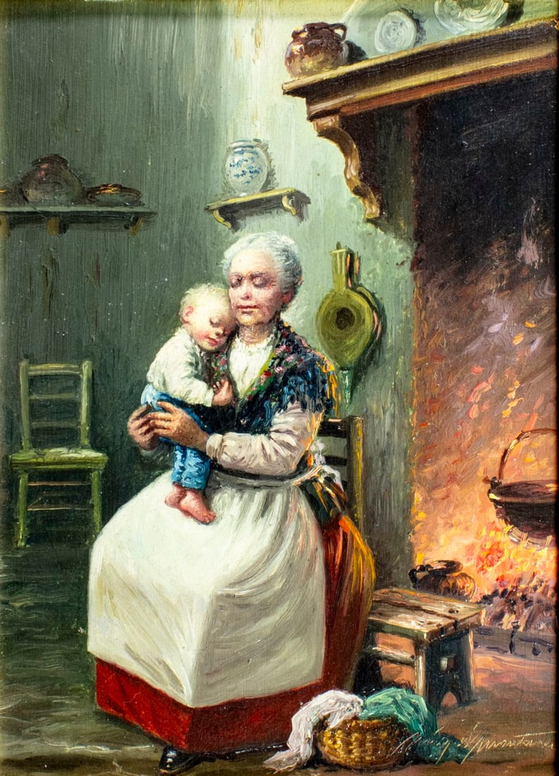 Miguel Montaner (Spain,1860-1940) oil painting antique: ARTIST: Miguel Montaner (Spanish, 1860 - 1940) TITLE: Grandmother and Child by Fireplace MEDIUM: oil on board CONDITION: Overall good. No visible inpaint under UV light. W