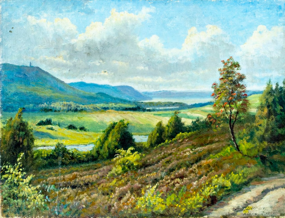 Finn Wennerwald (Denmark,1896-1969) oil painting: ARTIST: Finn Wennerwald (Danish, 1896 - 1969) TITLE: Hilly Landscape MEDIUM: oil on canvas CONDITION: Some small paint losses mostly along edges. No visible inpaint under