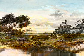 Daniel Sherrin Sr (UK,1868-1940) oil painting: ARTIST: Daniel Sherrin The Elder (United Kingdom, 1868 - 1940) TITLE: Country Landscape MEDIUM: oil on canvas CONDITION: One small patch. Few minor paint losses. Some craq