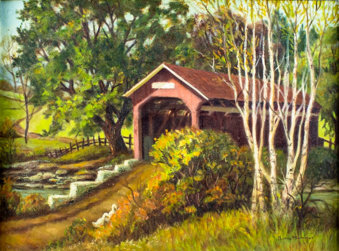 Bunny Hammer (PA,mid 20C) oil painting: ARTIST: Bunny Hammer (Pennsylvania, mid 20 century) TITLE: Landscape with Covered Bridge MEDIUM: oil on canvas CONDITION: Few minor paint losses. No visible inpaint under UV