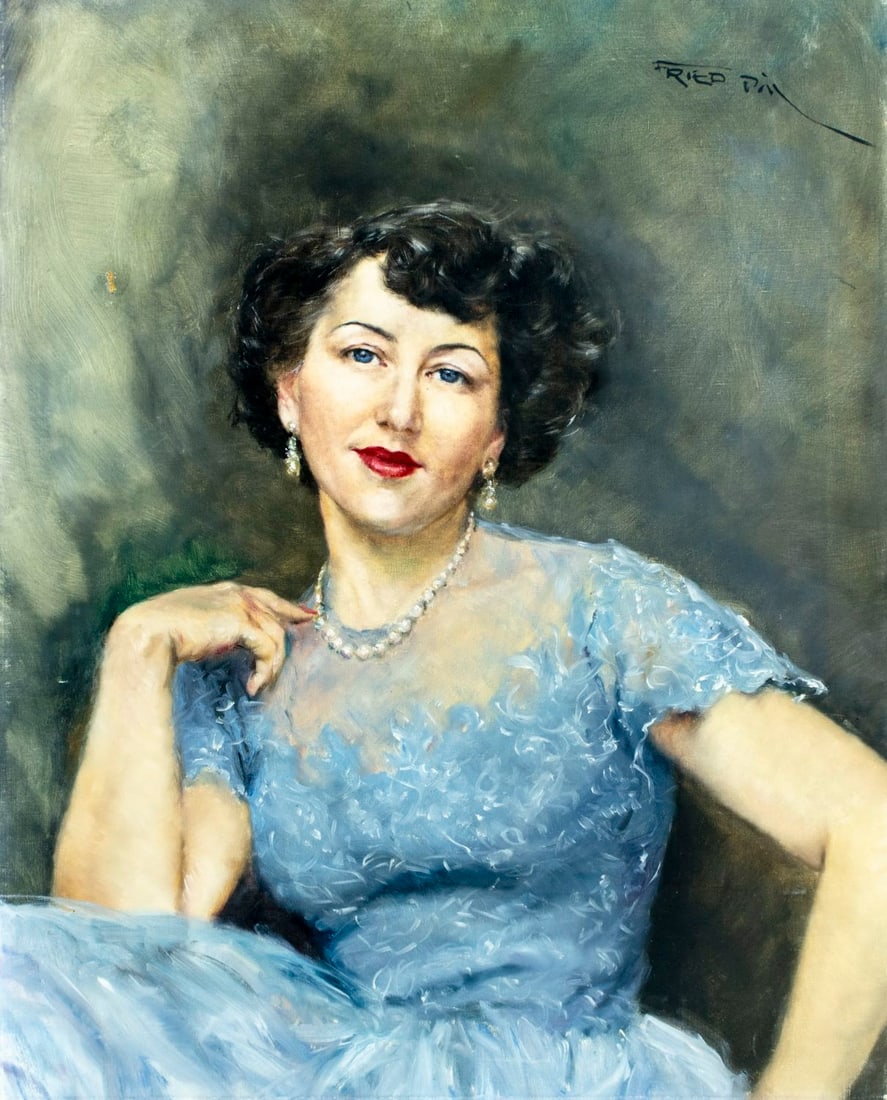 Pal Fried (NY,CA,Hungary,1893-1976) oil painting: ARTIST: Pal Fried (New York, California, Hungarian, 1893 - 1976) TITLE: Portrait of Woman in Blue MEDIUM: oil on canvas CONDITION: One small patch. Some scratches/paint lo