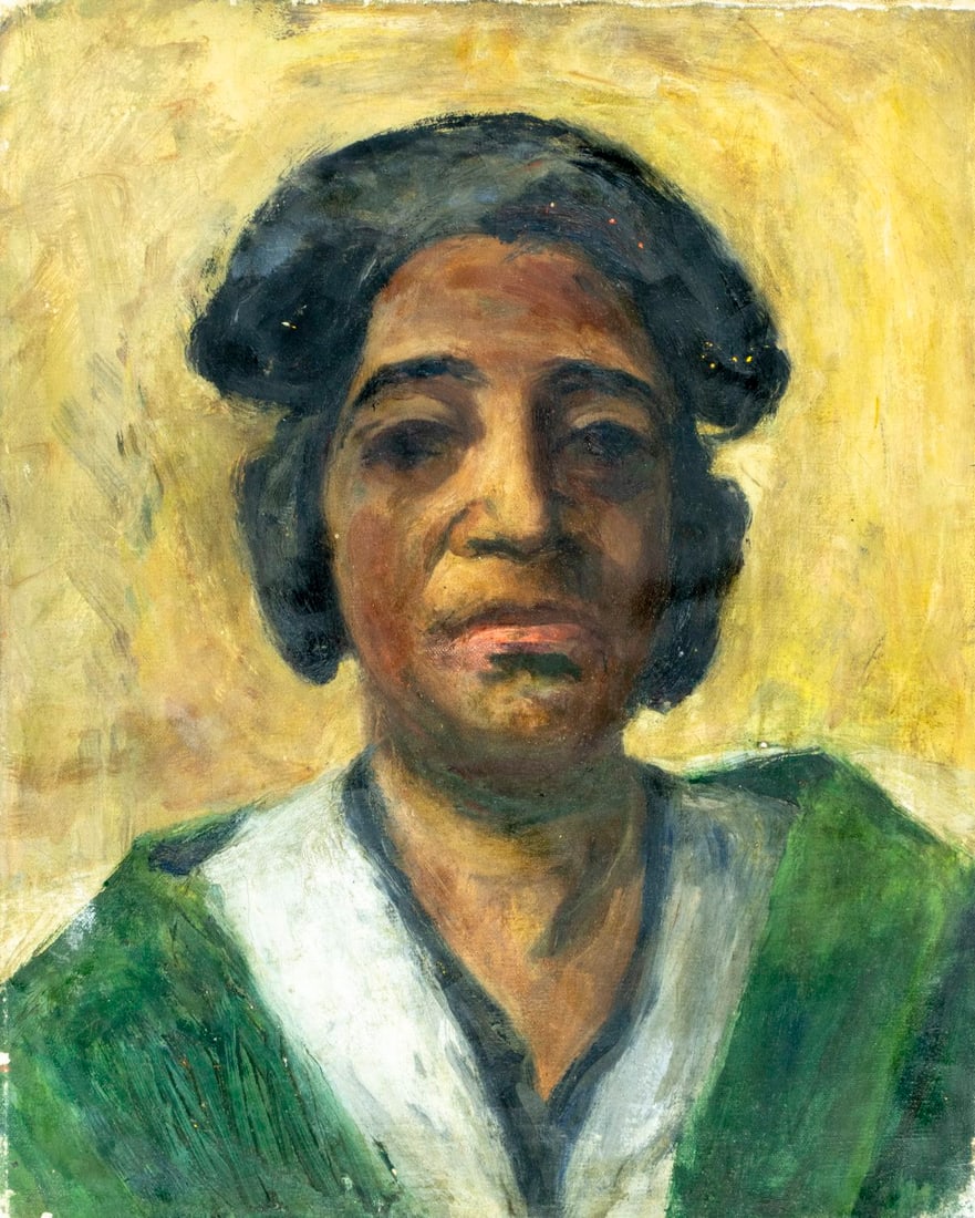 Laura Greenwood (PA,1897-1951) oil painting: ARTIST: Laura Marie Greenwood (Pennsylvania, 1897 - 1951) TITLE: Portrait of Black Woman MEDIUM: oil on canvas CONDITION: Some small paint losses. Minor craquelure. No vis