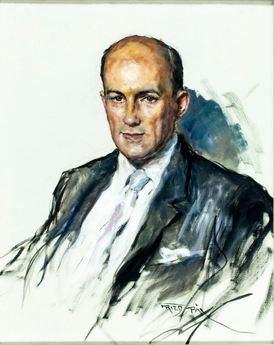 Pal Fried (NY,CA,Hungary,1893-1976) oil painting: ARTIST: Pal Fried (New York, California, Hungarian, 1893 - 1976) TITLE: Portrait of Man MEDIUM: oil on canvas CONDITION: Overall good. No visible inpaint under UV light. W