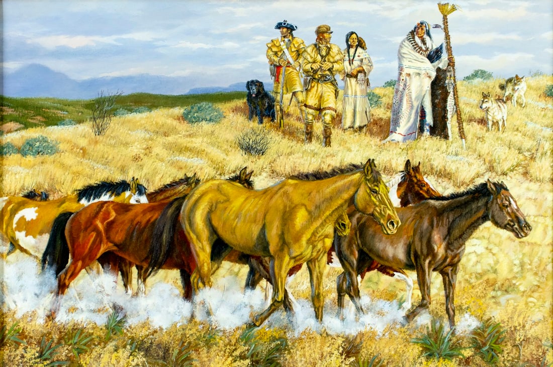 Art Kober (CO,20C) oil painting: ARTIST: Art Kober (Colorado, 20 century) TITLE: Cameah Waits Trade MEDIUM: oil on canvas CONDITION: Very good. No visible inpaint under UV light. Wear to frame. A