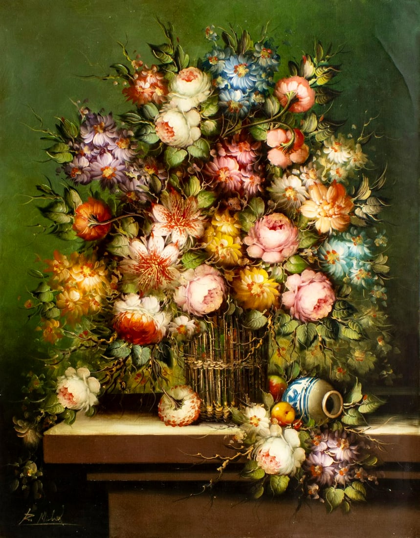 Roberto Michel (Spain,1944-?) oil painting: ARTIST: Roberto Michel (Spanish, 1944 - ???) TITLE: Still Life with Vase of Flowers MEDIUM: oil on canvas CONDITION: Unstretched (In-House stretching available). Few minor