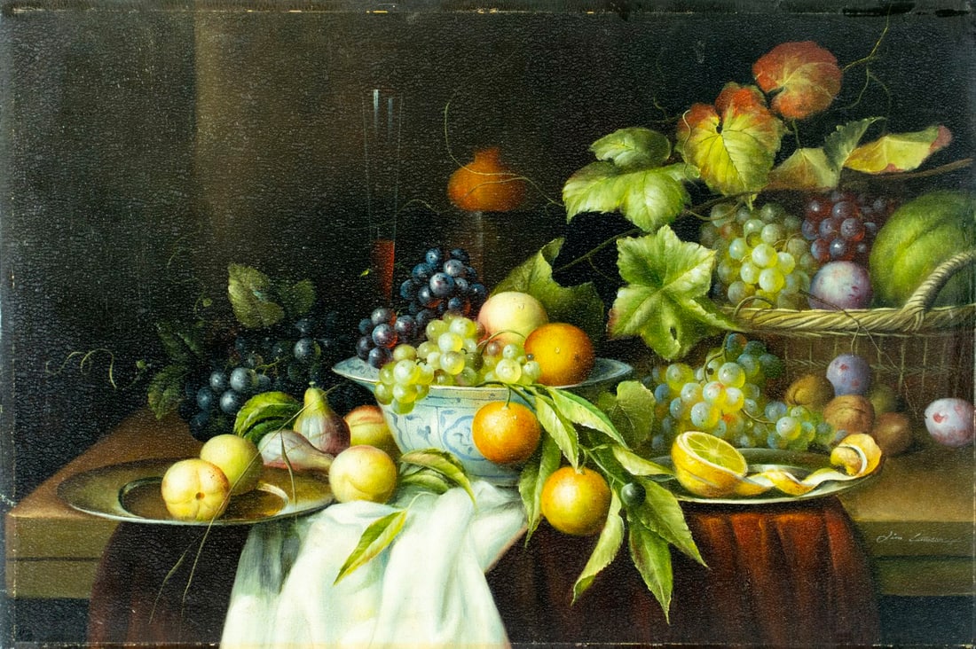 Jim Lawson (19C) oil painting antique: ARTIST: Jim Lawson (19 century) TITLE: Still Life with Fruit MEDIUM: oil on canvas CONDITION: Relined. Some scratches/paint losses mostly in the upper left quadrant. Some cr