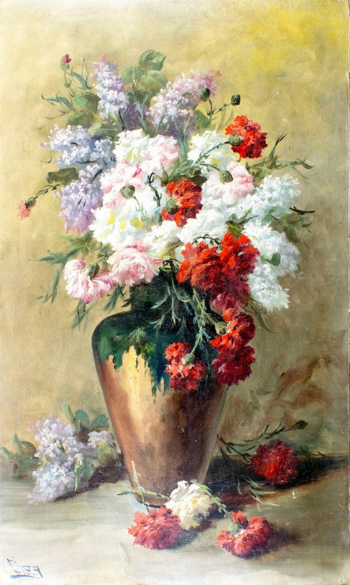 Felipe Checa y Delicado (Spain,1844-1907) oil painting antique: ARTIST: Felipe Checa y Delicado (Spanish, 1844 - 1907) TITLE: Still Life with Vase of Flowers MEDIUM: oil on canvas. Canvas applied to board. CONDITION: Some warping. Some