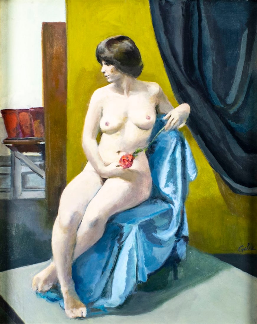 R Gable (US,mid 20C) oil painting: ARTIST: R Gable (American, mid 20 century) TITLE: Nude Seated on Chair MEDIUM: oil on canvas CONDITION: Few minor paint losses. No visible inpaint under UV light.
