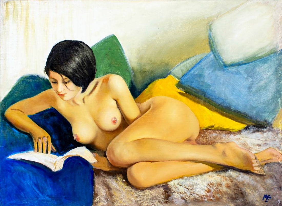 Marc Olivier Gregoire (France,1897-1991) oil painting: ARTIST: Marc Olivier Gregoire (French, 1897 - 1991) TITLE: Reclining Nude with Book MEDIUM: oil on canvas CONDITION: Few minor scratches/paint losses. Some inpaintings alo