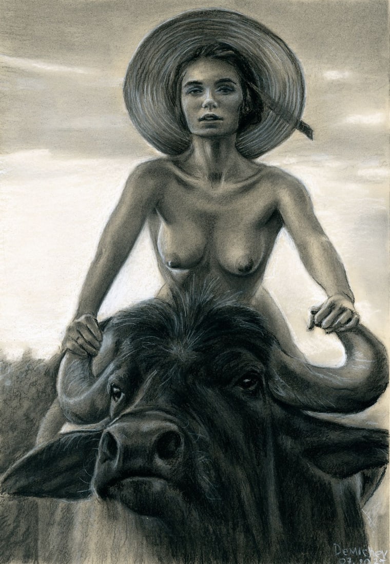 Oleksandr Demichev (Ukraine,20/21C) pastel painting: ARTIST: Oleksandr Demichev (Ukrainian, 20/21 centuries) TITLE: Nude Woman on Buffalo MEDIUM: pastel on heavy paper CONDITION: Very good. ART SIZE: 17 x 1