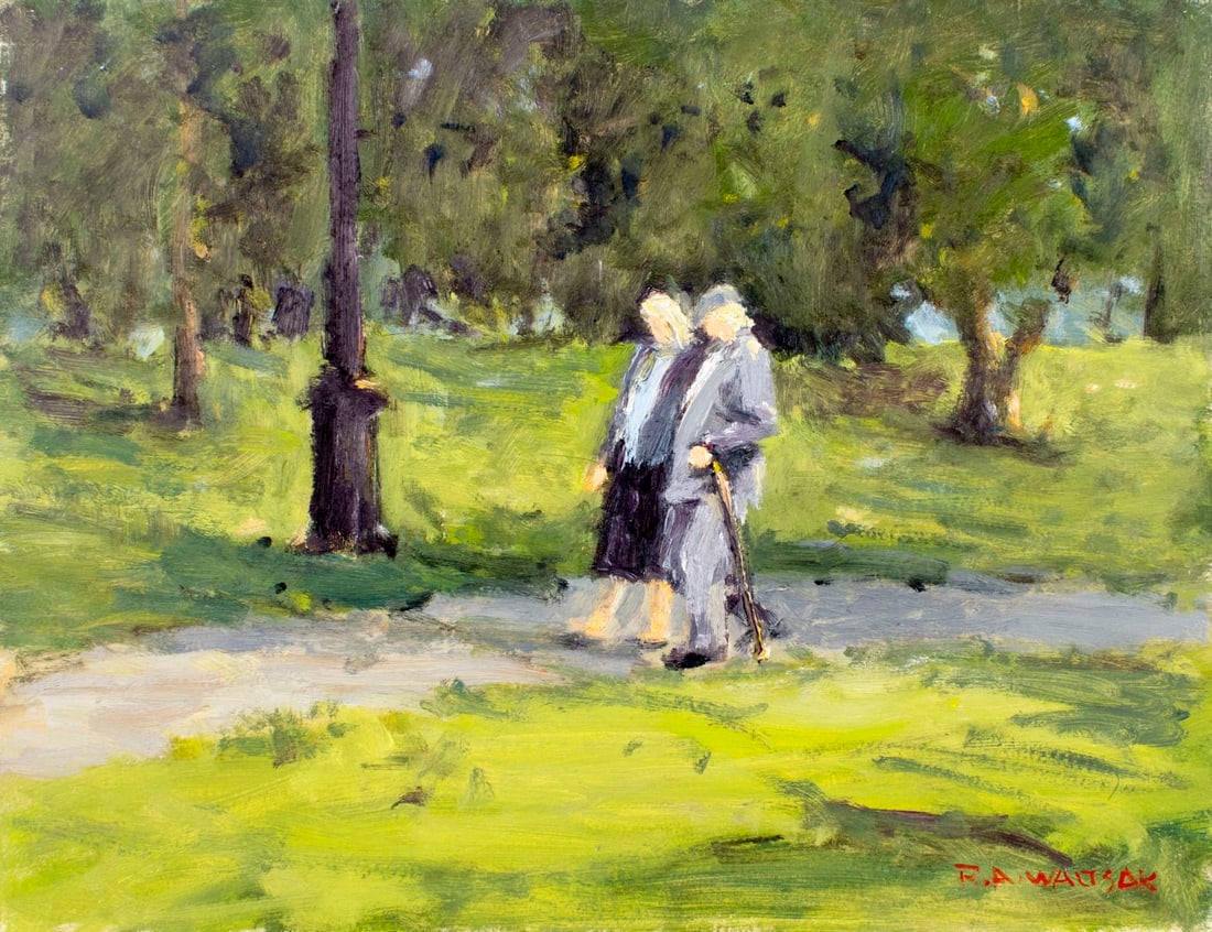 Robert Waltsak (NJ,b 1944) oil painting: ARTIST: Robert Alan Waltsak (New Jersey, born 1944) TITLE: Old Couple Walking in the Park MEDIUM: oil on board CONDITION: Very good. No visible inpaint under UV light. Norma