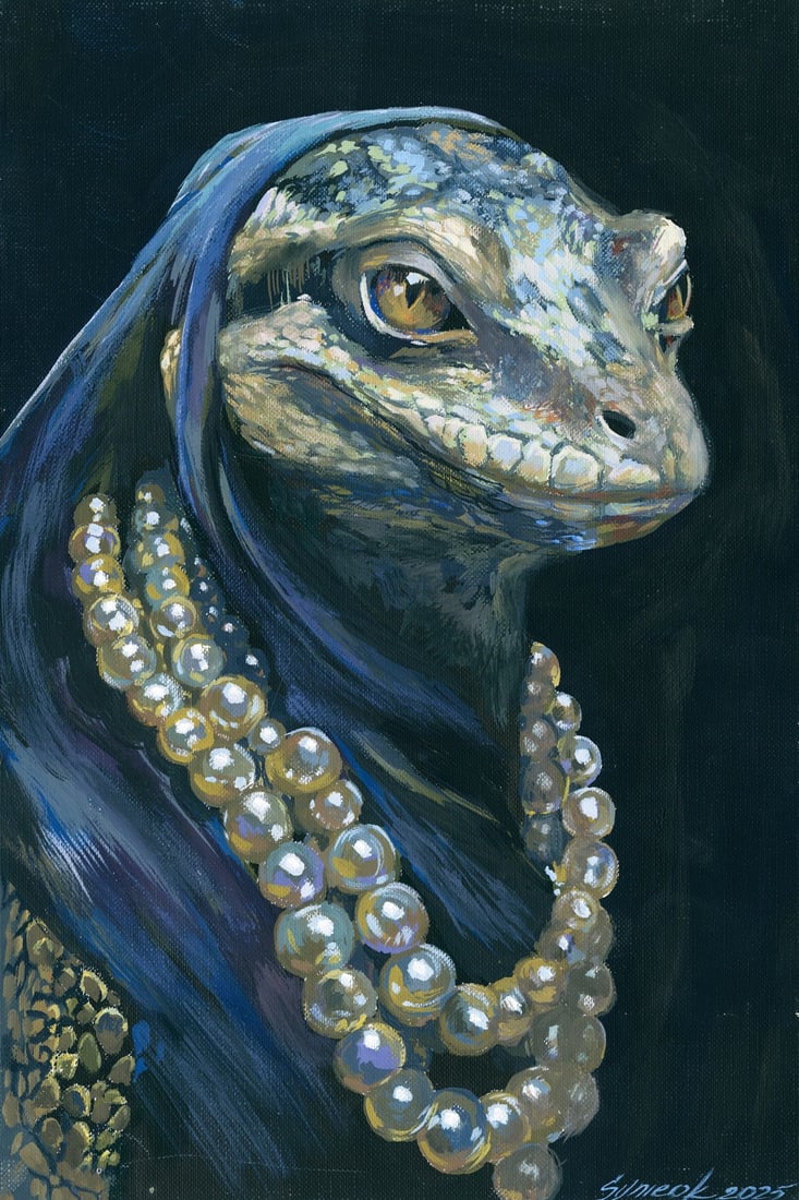 Tatiana Synieok (Ukraine,20/21C) gouache painting: ARTIST: Tatiana Synieok (Ukrainian, 20/21 centuries) TITLE: Lizard with Necklace MEDIUM: gouache on heavy paper CONDITION: Few minor scratches/paint losses mostly along edge
