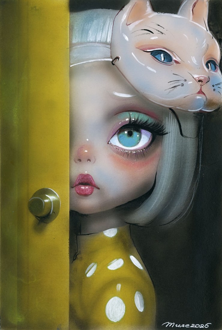 Olga Dolgikova (Ukraine,b 1967) acrylic painting: ARTIST: Olga Dolgikova (Ukrainian, born 1967) TITLE: Girl with Cat Mask MEDIUM: acrylic on heavy paper CONDITION: Very good. ART SIZE: 12 x 8 inches / 3