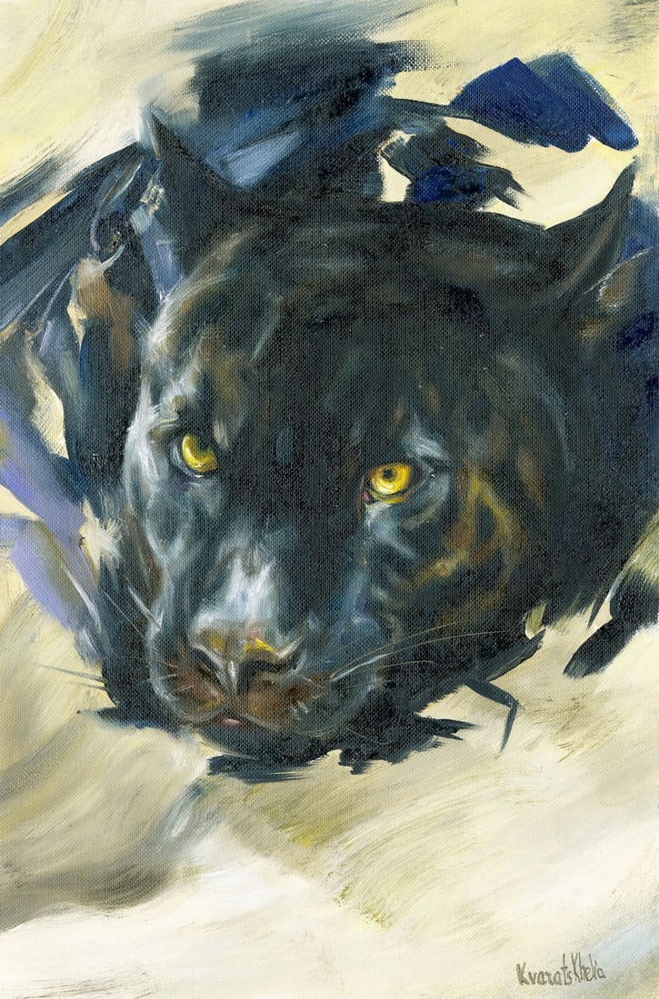 Alina Kvaratshelia (Ukraine,20/21C) oil painting: ARTIST: Alina Kvaratshelia (Ukrainian, 20/21 centuries) TITLE: Black Panther MEDIUM: oil on heavy paper CONDITION: Very good. No visible inpaint under UV light. A