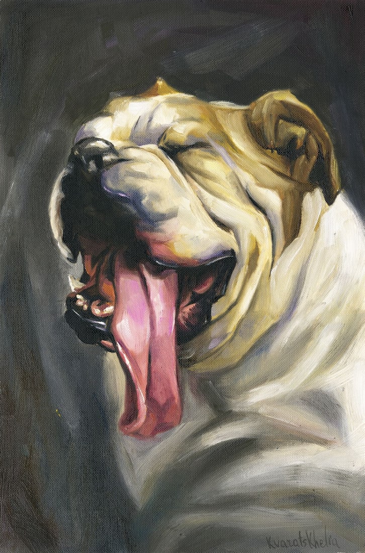 Alina Kvaratshelia (Ukraine,20/21C) oil painting: ARTIST: Alina Kvaratshelia (Ukrainian, 20/21 centuries) TITLE: English Bulldog Dog MEDIUM: oil on heavy paper CONDITION: Very good. No visible inpaint under UV light.