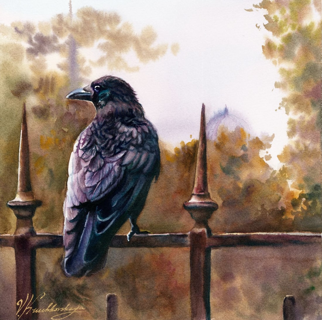 Veronika Kruchkovskaya (Ukraine,b 2004) watercolor painting: ARTIST: Veronika Kruchkovskaya (Ukrainian, born 2004) TITLE: Crow on Fence MEDIUM: watercolor on heavy paper CONDITION: Very good. ART SIZE: 12 x 12 inch