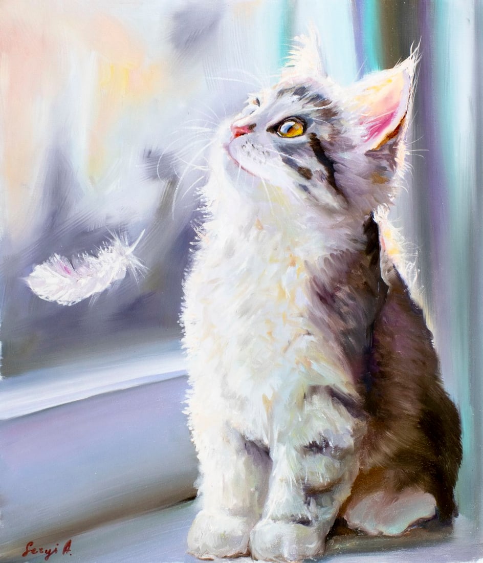 Alex Siryi (Ukraine,b 1997) oil painting: ARTIST: Alex Siryi (Ukrainian, born 1997) TITLE: Cat with Feather MEDIUM: oil on canvas CONDITION: Unstretched (In-House stretching available). Very good. No visible inpaint