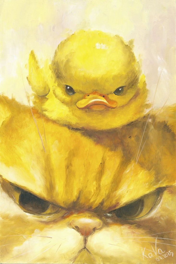 Valeria Kaydan (Ukraine,20/21C) oil painting: ARTIST: Valeria Kaydan (Ukrainian, 20/21 centuries) TITLE: Cat and Duck MEDIUM: oil on heavy paper CONDITION: Very good. No visible inpaint under UV light. ART SI