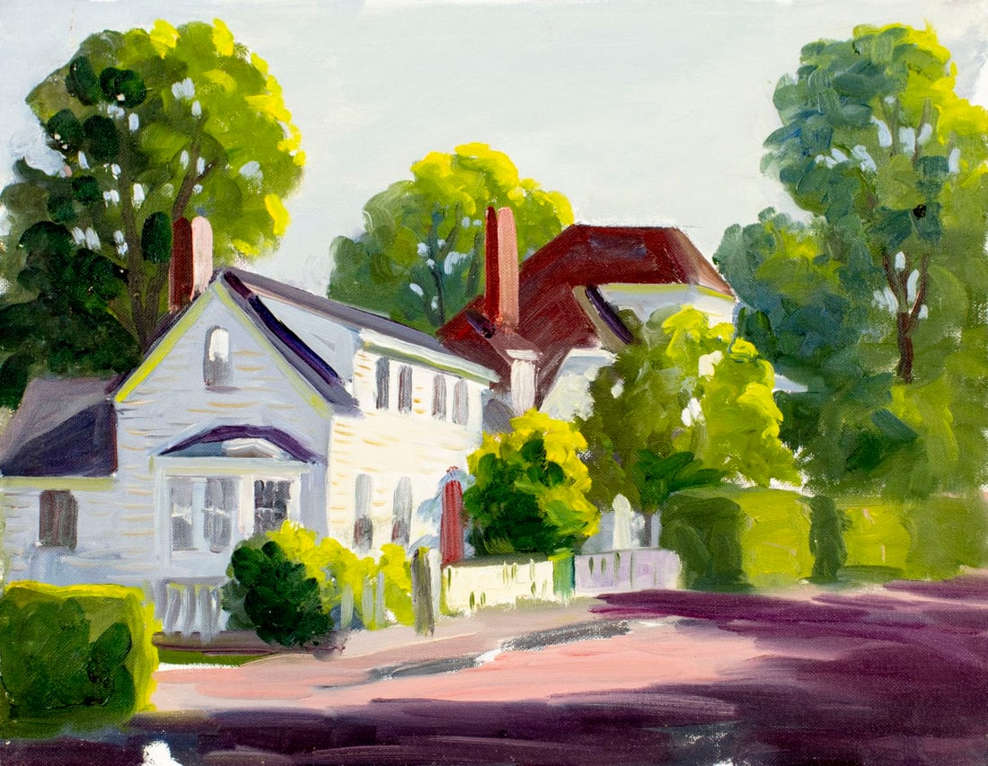 George Holloway (NJ,20C) oil painting: ARTIST: George Holloway (New Jersey, 20 century) TITLE: Town Scene MEDIUM: oil on canvas board CONDITION: Few minor paint losses. No visible inpaint under UV light.