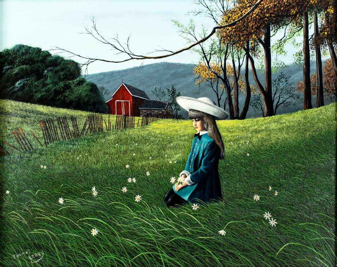 Thomas Kerry (NY,20/21C) oil painting: ARTIST: Thomas Kerry (New York, 20/21 centuries) TITLE: Girl Picking Flowers MEDIUM: oil on board CONDITION: Overall good. No visible inpaint under UV light. Some damages to