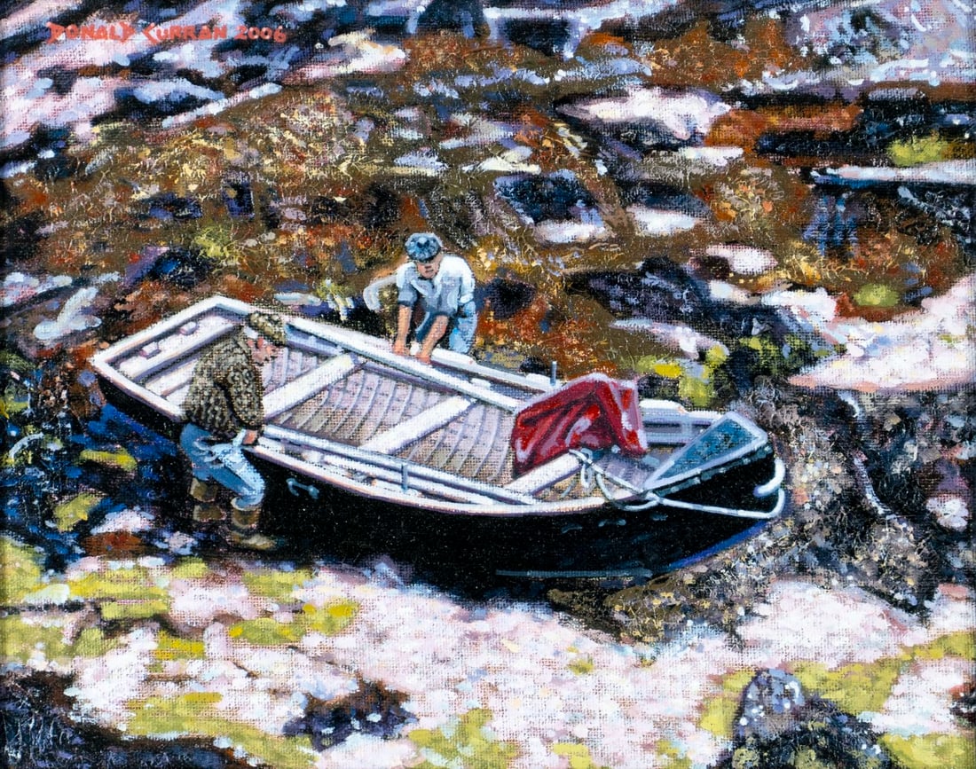 Donald Curran (MO,b 1955) oil painting: ARTIST: Donald Curran (Missouri, born 1955) TITLE: Carrying the Curragh, Aran Islands, Ireland YEAR: 2006 MEDIUM: oil on canvas board CONDITION: Very goo