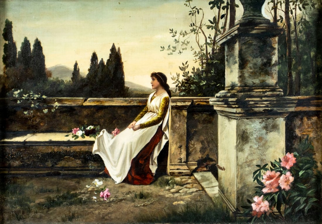 Antique 19C American oil painting: ARTIST: - (American, 19 century) TITLE: Woman on Terrace MEDIUM: oil on canvas CONDITION: Two small patches. Some paint losses mostly in the lower right quadrant. No visib
