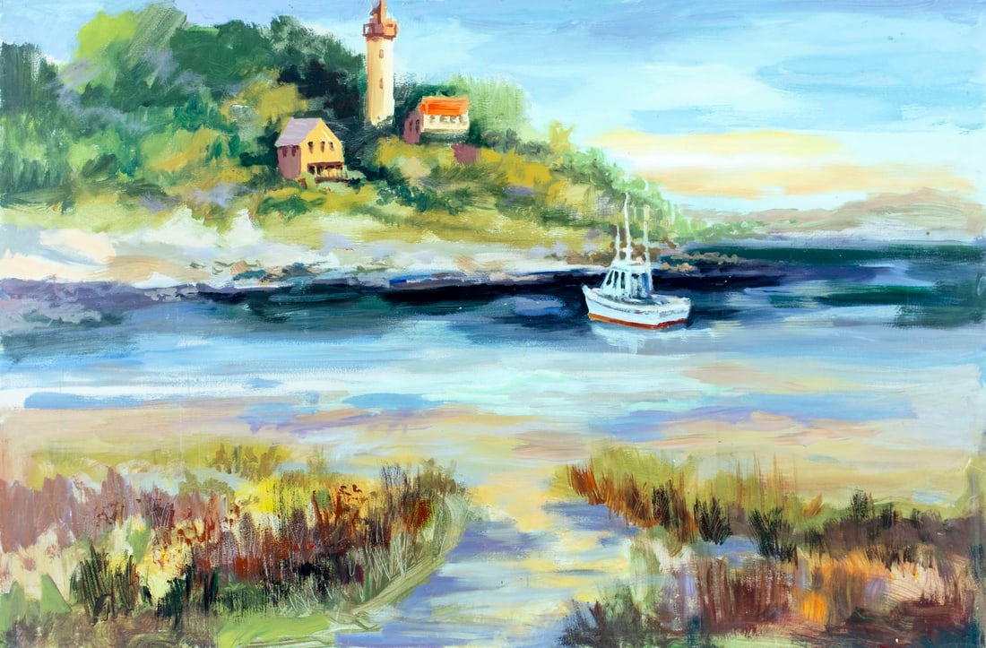 John Reilly (NY,NJ,1942-2021) oil painting: ARTIST: John Reilly (New York, New Jersey, 1942 - 2021) TITLE: Coastal Landscape with Lighthouse MEDIUM: oil on board CONDITION: Minor damages to the lower corners. Some s