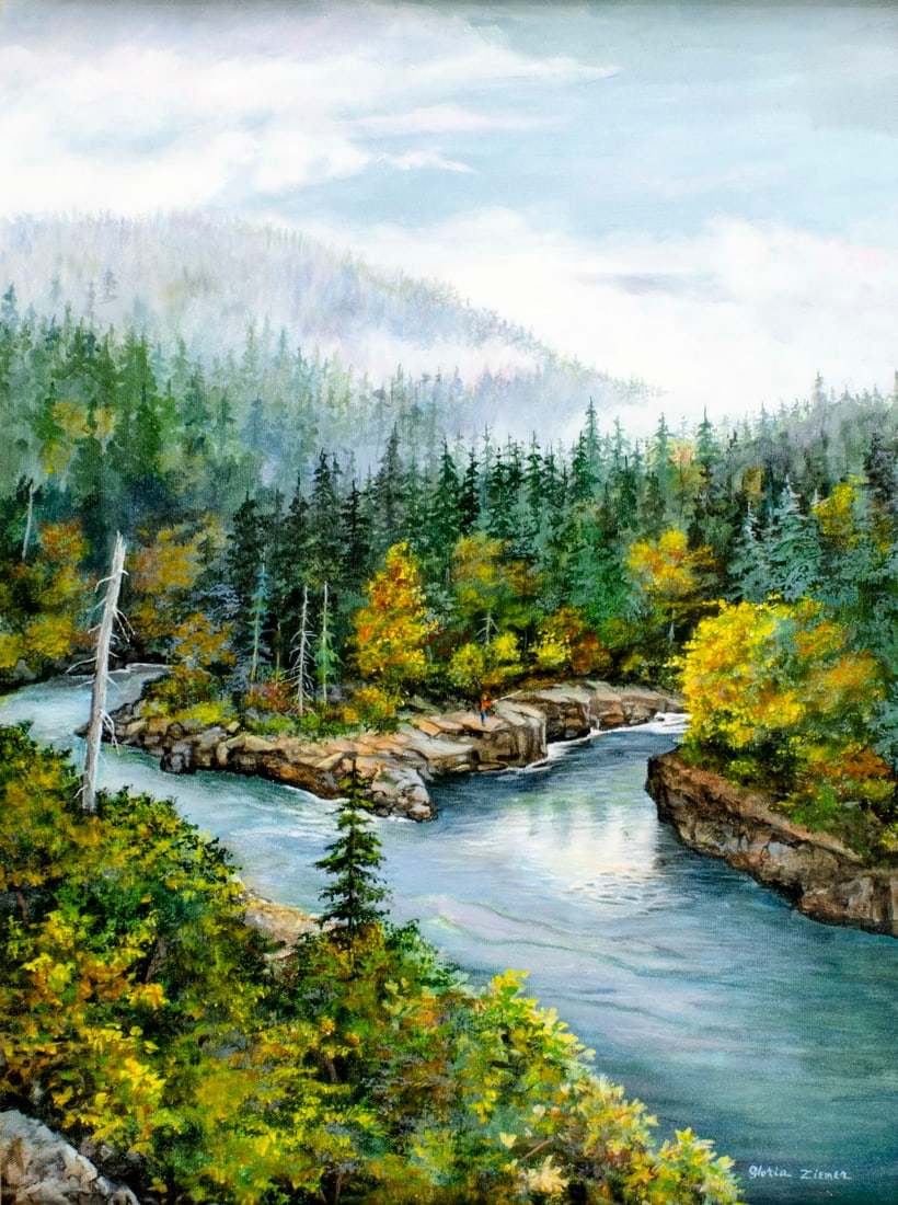 Gloria Ziemer (WI,CA,1929-2007) oil painting: ARTIST: Gloria Ziemer (Wisconsin, California, 1929 - 2007) TITLE: Autumn River Landscape MEDIUM: oil on canvas CONDITION: Very good. No visible inpaint under UV light. Wea