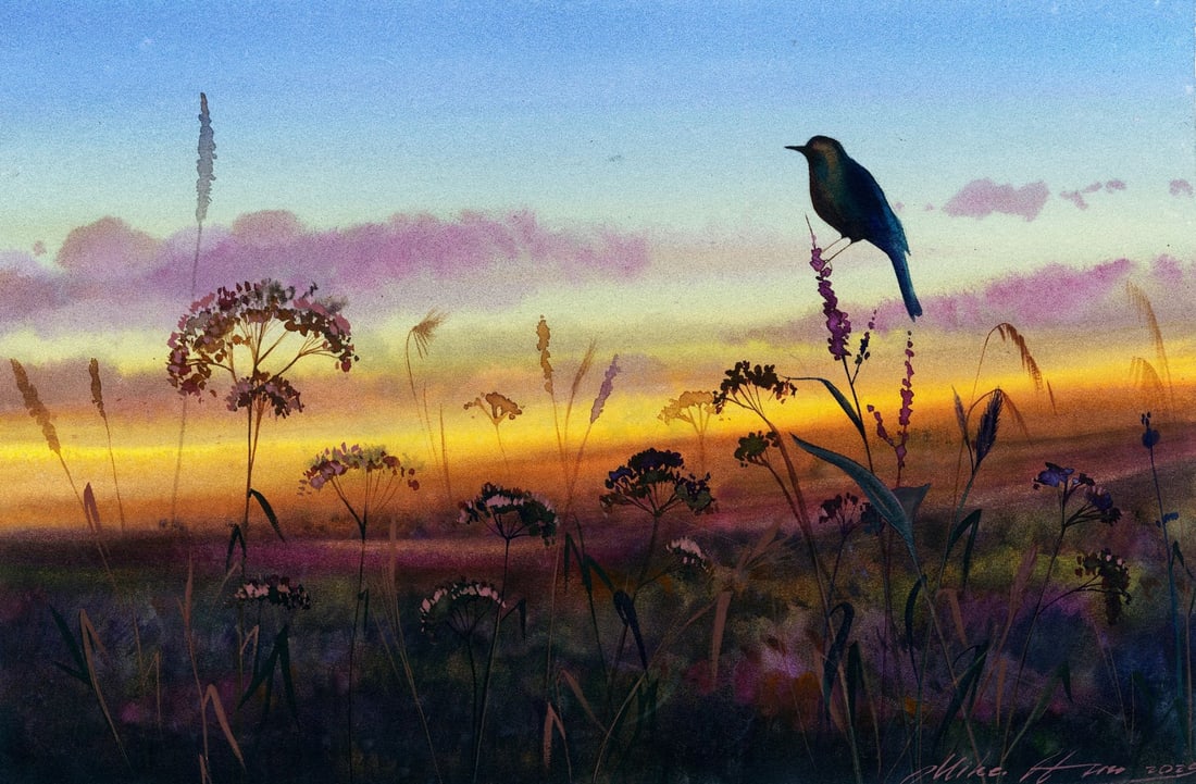 Mikhaylo Dmytriv (Ukraine,b 1997) watercolor painting: ARTIST: Mikhaylo Dmytriv (Ukrainian, born 1997) TITLE: Sunset Landscape with Bird MEDIUM: watercolor on heavy paper CONDITION: Very good. ART SIZE: 8 x 1