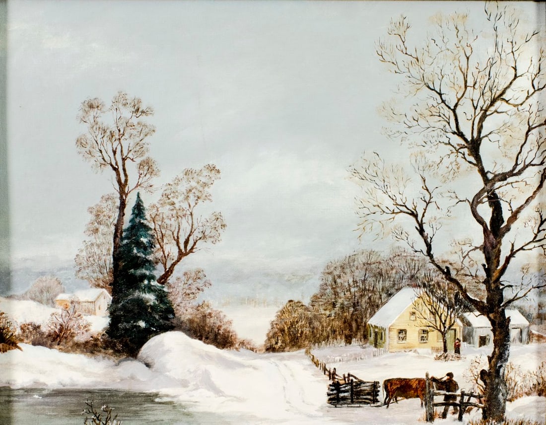 Nell Hutchings (US,20C) oil painting: ARTIST: Nell Hutchings (American, 20 century) AFTER George Durrie (Connecticut, 1820 - 1863) TITLE: Bend in the Road (titled on verso) YEAR: 1970 MEDIUM: oil on canvas boa