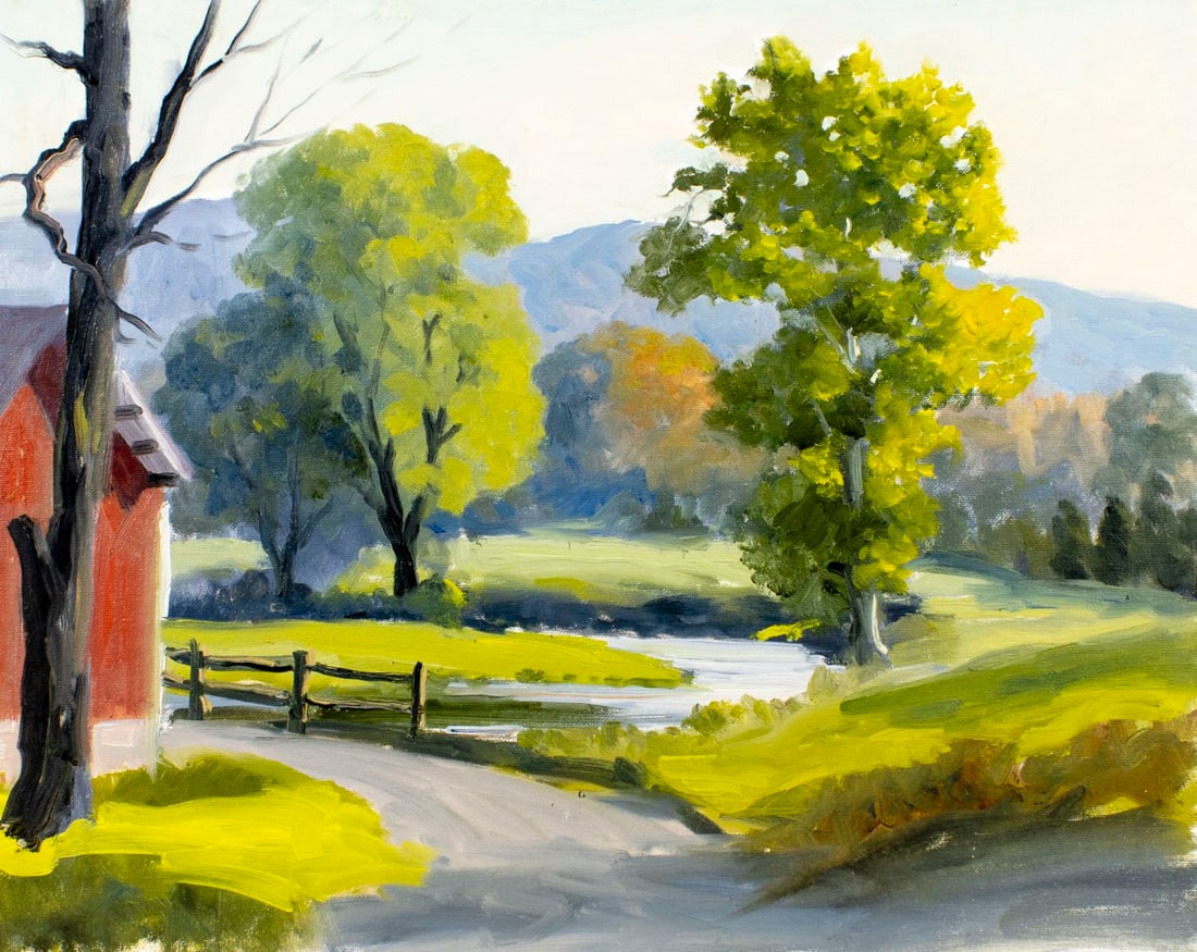 George Holloway (NJ,20C) oil painting: ARTIST: George Holloway (New Jersey, 20 century) TITLE: Countryside Landscape MEDIUM: oil on canvas board CONDITION: Overall good. No visible inpaint under UV light.