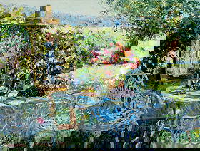 Henry Gordon Wang (China,US,b 1959) oil painting: ARTIST: Henry Gordon Wang (Chinese, American, born 1959) TITLE: Garden Scene MEDIUM: oil on canvas CONDITION: Unstretched (In-House stretching available). Overall good. No