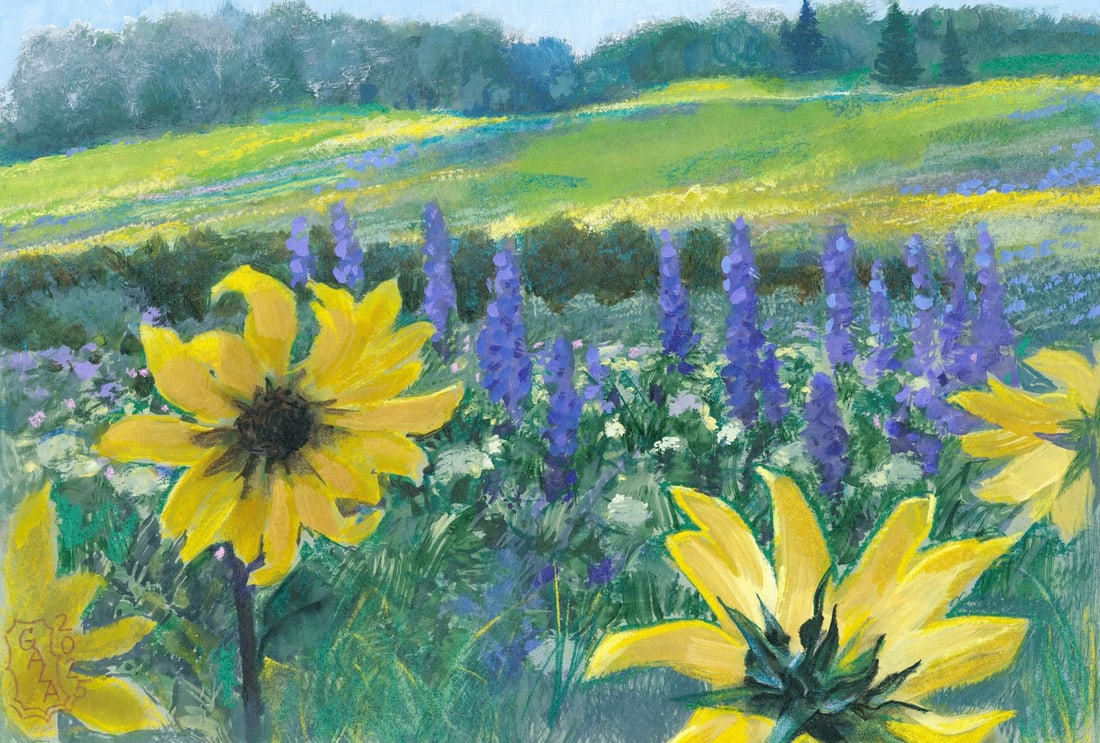 Gala Kazakova (Ukraine,20/21C) gouache painting: ARTIST: Galina Chuprakova - Kazakova (Ukrainian, 20/21 centuries) TITLE: Hilly Landscape with Flowers MEDIUM: gouache on heavy paper CONDITION: Very good. ART S