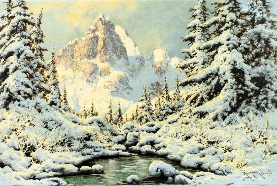 Laszlo Neogrady (Hungary,1896-1962) oil painting: ARTIST: Laszlo Neogrady (Hungarian, 1896 - 1962) TITLE: Winter Mountain Landscape MEDIUM: oil on canvas CONDITION: Few small paint losses. Minor craquelure. No visible inp