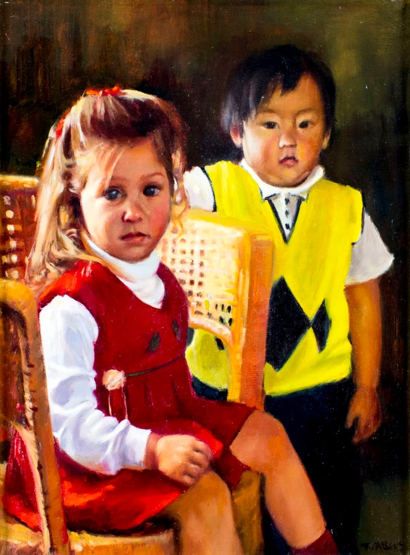 Tammy Callens (WY,CA,France,b 1962) oil painting: ARTIST: Tammy (Tamera) Jean Callens (Wyoming, California, French, born 1962) NAME: Portrait of Boy and Girl MEDIUM: oil on canvas CONDITION: Very good. No visible inpaint under UV light. Wea