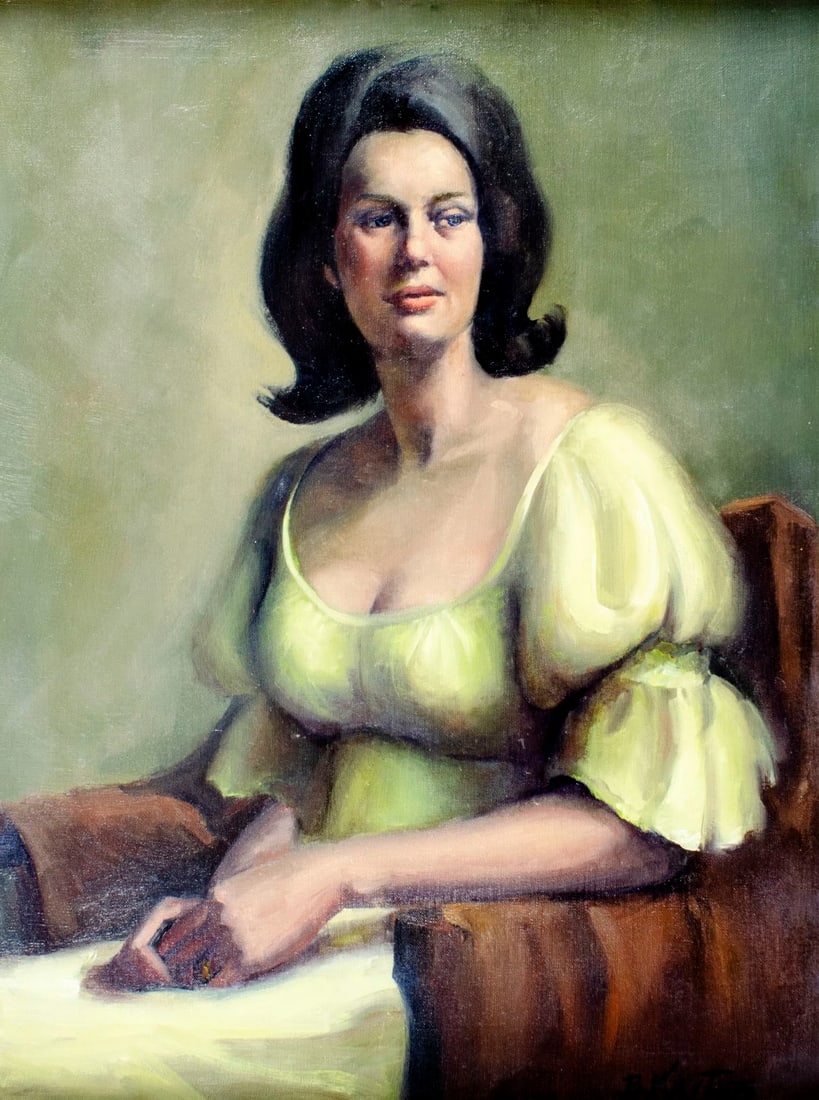 B Kaytes (US,20C) oil painting: ARTIST: B Kaytes (American, 20 century) TITLE: Portrait of Woman MEDIUM: oil on canvas CONDITION: Overall good. No visible inpaint under UV light. ART SIZE: