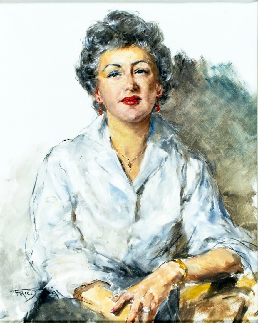 Pal Fried (NY,CA,Hungary,1893-1976) oil painting: ARTIST: Pal Fried (New York, California, Hungarian, 1893 - 1976) TITLE: Portrait of Woman MEDIUM: oil on canvas CONDITION: Very good. No visible inpaint under UV light. Mi