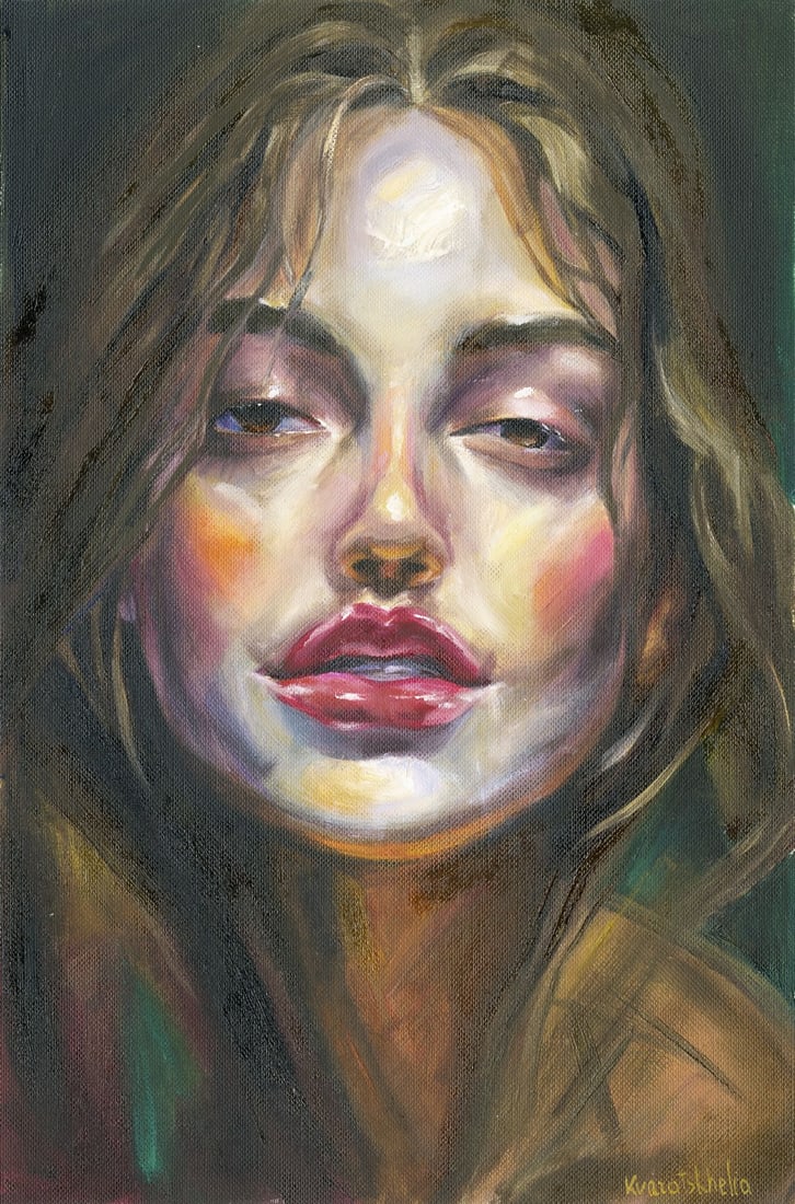 Alina Kvaratshelia (Ukraine,20/21C) oil painting: ARTIST: Alina Kvaratshelia (Ukrainian, 20/21 centuries) TITLE: Portrait of Woman MEDIUM: oil on heavy paper CONDITION: Very good. No visible inpaint under UV light.