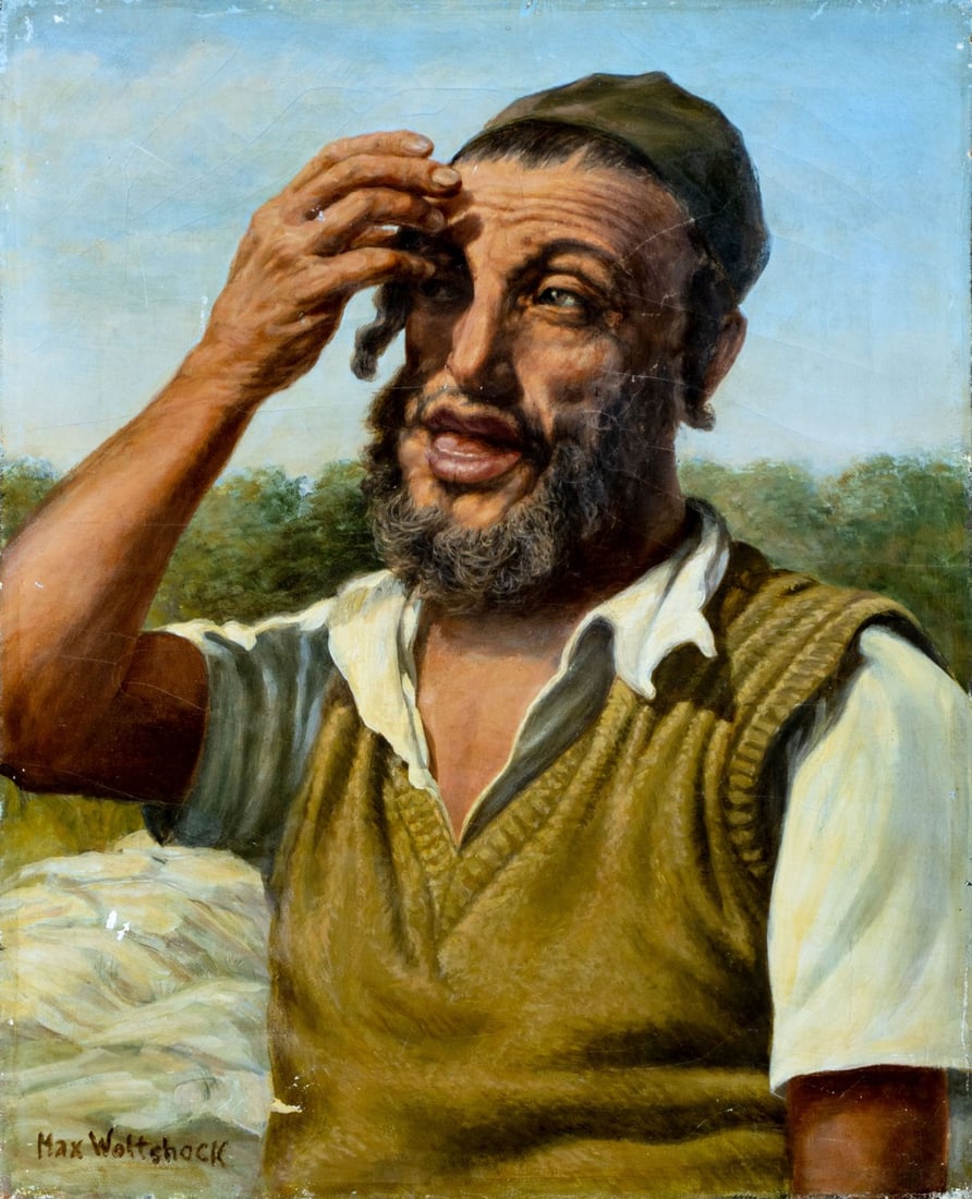 Max Woltshock (US,mid 20C) oil painting: ARTIST: Max Woltshock (American, mid 20 century) TITLE: Portrait of Jewish Man MEDIUM: oil on canvas CONDITION: Some small paint losses. Some craquelure. One small inpaintin