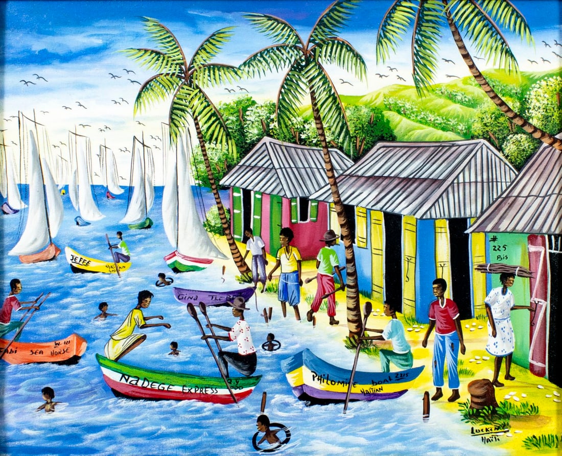 Charles Lucken (Haiti,20C) oil painting: ARTIST: Charles Lucken (Haitian, 20 century) TITLE: Haitian Harbor Scene with Boats MEDIUM: oil on canvas CONDITION: Very good. No visible inpaint under UV light.