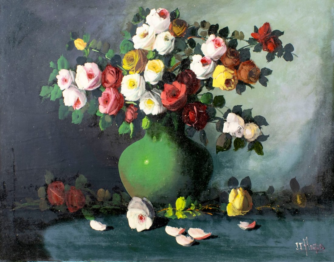 I Picero (Europe,20C) oil painting: ARTIST: I Picero (European, 20 century) TITLE: Still Life with Vase of Roses MEDIUM: oil on canvas CONDITION: Unstretched (In-House stretching available). Minor paint losses