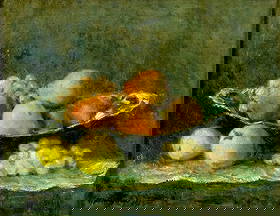 Alfred Robert Hayward (UK,1875-1971) oil painting: ARTIST: Alfred Robert Hayward (United Kingdom, 1875 - 1971) TITLE: Still Life with Fruit YEAR: 1963 MEDIUM: oil on canvas CONDITION: One repired punctu