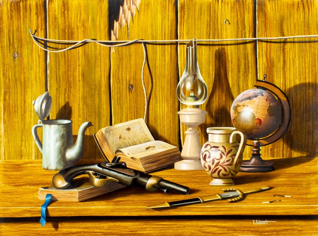 Francesco Alberti (Italy,1941-1996) oil painting: ARTIST: Francesco Alberti (Italian, 1941 - 1996) TITLE: Still Life with Pistol, Books and Lamp MEDIUM: oil on canvas CONDITION: Unstretched (In-House stretching available)