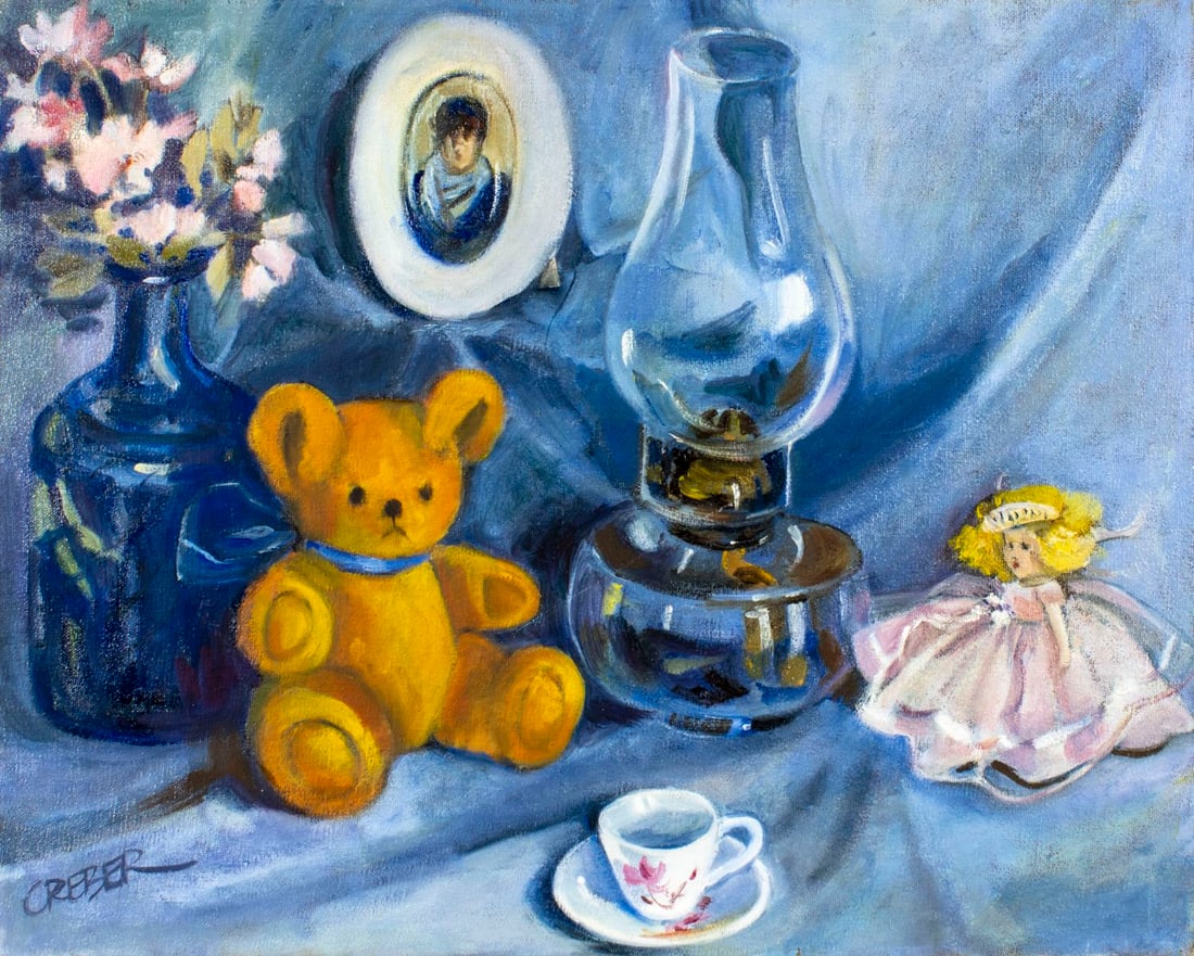 Diana Creber (US,20C) oil painting: ARTIST: Diana Creber (American, 20 century) TITLE: Still Life with Teddy Bear YEAR: 1990s MEDIUM: oil on canvas CONDITION: One faint scratch. No visible
